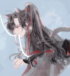 Rule 34 | 1boy, ahoge, animal ears, bishounen, black hair, black hanfu, blue background, cat boy, cat ears, cat tail, chinese clothes, eyelashes, fang, from side, grey eyes, hair ribbon, hanfu, highres, implied yaoi, kemonomimi mode, long hair, long sleeves, looking to the side, lying, male focus, modao zushi, mouth hold, ojisan rbt, on stomach, ponytail, red ribbon, ribbon, ribbon in mouth, robe, sash, sidelocks, sleeves past wrists, solo, tail, twitter username, upper body, watermark, wei wuxian, white ribbon, wide sleeves