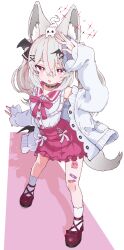 1girl absurdres animal_ear_fluff animal_ears arm_up bandaid bat_wings bright_pupils cardigan choker fox_ears fox_girl fox_tail full_body grey_hair hair_ornament highres karin_(vrchat) long_hair looking_at_viewer mashirokuro multicolored_hair open_cardigan open_clothes pink_eyes pink_hair pink_sailor_collar pink_skirt red_eyes sailor_collar shirt shoes simple_background skirt socks solo streaked_hair tail transparent_background twintails vrchat white_pupils white_socks wings yucblossom