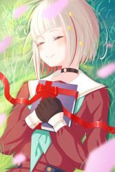 1girl alt_text black_gloves blunt_bangs bob_cut book brown_dress closed_eyes closed_mouth commentary_request dress falling_petals gloves grass grey_hair hair_ornament half_gloves hasu_no_sora_school_uniform highres holding holding_book inverted_bob link!_like!_love_live! long_sleeves love_live! lying multicolored_hair myv_sk on_back on_grass on_ground petals pink_petals red_hair sailor_collar sailor_dress school_uniform short_hair smile solo split_mouth star_(symbol) star_hair_ornament streaked_hair virtual_youtuber white_sailor_collar winter_uniform yugiri_tsuzuri