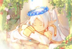 Rule 34 | 1girl, arm pillow, baiye renxing, blue flower, capelet, closed eyes, closed mouth, crossed arms, earrings, elf, flower, flower wreath, frieren, head on arm, head rest, head wreath, highres, jewelry, long hair, long sleeves, plant, pointy ears, shirt, sleeping, smile, solo, sousou no frieren, sunlight, teardrop earrings, twintails, upper body, very long hair, vines, white capelet, white hair, white shirt