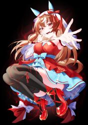 1girl animal_ears armpits bare_shoulders black_background bow closed_mouth collarbone commentary_request dress ear_ribbon hair_over_shoulder highres horse_ears horse_girl long_hair low-tied_long_hair low_ponytail metaninjin multicolored_hair nail_polish off-shoulder_dress off_shoulder ponytail reaching reaching_towards_viewer red_dress red_eyes red_hair red_nails red_ribbon red_shoes ribbon shoes smile solo still_in_love_(umamusume) streaked_hair string two-tone_dress umamusume veil very_long_hair white_bow white_dress white_hair white_veil