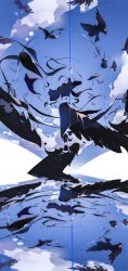 1boy abstract absurdres amon_(lord_of_the_mysteries) ayoamao bird black_hair black_robe black_shirt black_shoes blue_sky circle_of_inevitability cloud cropped_shirt crow from_behind full_body hand_up highres long_sleeves lord_of_the_mysteries male_focus midriff robe shirt shoes short_hair sky solo torn_clothes torn_robe walking wide_sleeves