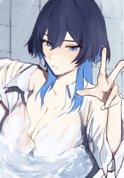 1girl absurdres bathtub black_hair blue_eyes blue_hair breasts cleavage highres hololive hololive_english hunk_404 large_breasts multicolored_hair ouro_kronii shirt solo two-tone_hair virtual_youtuber wet wet_clothes wet_shirt white_shirt
