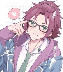 1boy bangs_pinned_back blue_jacket closed_mouth ensemble_stars! glasses green_eyes green_necktie highres hood hoodie image_in_speech_bubble index_finger_raised isara_mao jacket long_sleeves looking_at_viewer male_focus necktie purple_hoodie red_hair reijiro smile solo speech_bubble white_background