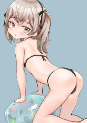 1girl ass back ball barefoot beachball bikini black_bikini chestnut_mouth feet girls_und_panzer highres loli micro_bikini monomono shimada_arisu solo swimsuit
