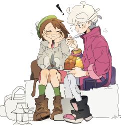 Rule 34 | !, 1boy, 1girl, arrcticc fish, bede (pokemon), black boots, boots, brown bag, brown boots, brown hair, cardigan, closed eyes, coat, commentary, curly hair, curry, dress, eating, food, gloria (pokemon), green hat, green socks, grey cardigan, grin, hand up, hat, highres, holding, holding plate, holding spoon, nintendo, pink dress, plate, pokemon, pokemon swsh, purple coat, short hair, sitting, smile, socks, spoon, symbol-only commentary, tam o&#039; shanter, teeth
