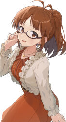 Rule 34 | 1girl, :d, absurdres, akizuki ritsuko, antenna hair, black-framed eyewear, blush, brown eyes, brown hair, dress, glasses, highres, idolmaster, idolmaster million live!, idolmaster million live! theater days, jewelry, long sleeves, looking at viewer, necklace, open mouth, orange dress, ponytail, private dress (idolmaster million live!), short hair, shuucream (syuichi), simple background, smile, solo, white background