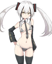 Rule 34 | 1girl, absurdres, bikini, black hair, black nails, black necktie, black thighhighs, blush, breasts, closed mouth, commentary, contrapposto, cosplay, crop top, destroyer (girls&#039; frontline), detached sleeves, dot mouth, frown, girls&#039; frontline, gluteal fold, hairstyle connection, hand on own hip, hatsune miku, hatsune miku (cosplay), highres, long hair, looking at viewer, meme attire, miku collar bikini, multicolored hair, navel, necktie, petite, shrug (clothing), simple background, small breasts, solo, stomach, streaked hair, string bikini, striped bikini, striped clothes, swimsuit, thighhighs, twintails, two-tone hair, v-shaped eyebrows, vocaloid, white background, white hair, yellow eyes, zafuri (yzrnegy)