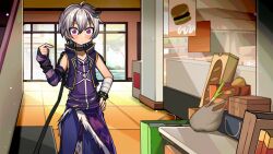 1girl arm_warmers bag baguette bandaged_arm bandages bench black_hair blush bread closed_mouth comic cowboy_shot day flower_(vocaloid) flower_(vocaloid4) food hand_on_own_hip hand_up highres jacket kakosa_sama multicolored_hair purple_arm_warmers purple_eyes purple_jacket purple_shirt segmented_comic shirt shop shopping_bag solo spring_onion standing streaked_hair sweatdrop tree two-tone_hair vocaloid white_hair