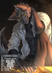 1boy barefoot black_fur black_sclera body_fur claws colored_sclera commentary commission english_commentary furry furry_male glasses hand_on_own_neck knee_up looking_at_viewer male_focus open_clothes open_shirt original sammy_(freezingsammy) shirt sitting solo tail toned toned_male vgen_commission white_shirt wolf_boy yellow_eyes