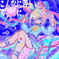 1girl animated animated_gif blonde_hair blue_background blue_bow blue_eyes blue_footwear blue_hair blue_shirt blue_skirt bow chouzetsusaikawa_tenshi-chan closed_mouth commentary english_commentary hair_bow hair_ornament heart heart_hair_ornament index_fingers_raised internet_yamero long_hair long_sleeves looking_at_viewer multicolored_hair needy_girl_overdose pink_bow pink_hair pleated_skirt purple_bow quad_tails sailor_collar school_uniform serafuku shirt skirt smile solo twintails very_long_hair window_(computing) yappari yellow_bow