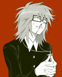 1boy 97ttwwaazz absurdres blood coat cross cross_necklace fang glasses gloves grin highres jewelry male_focus medium_hair necklace nosebleed own_hands_clasped own_hands_together randal&#039;s_friends randal_ivory red_background simple_background smile solo upper_body
