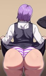 1girl absurdres ass chainsaw_man clothes_lift curvy earrings fami_(chainsaw_man) freshnsfw from_behind highres huge_ass jewelry long_sleeves mole mole_on_ass panties purple_hair purple_panties school_uniform short_hair skirt skirt_lift solo striped_clothes striped_panties thick_thighs thighs third-party_edit underwear wide_hips