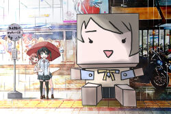 ._. 2girls :d black_hair black_thighhighs blue_shirt blunt_bangs blush box brown_footwear brown_hair bus_stop cardboard_box character_doll commentary doll gradient_hair green_eyes green_hair grey_skirt hair_bun hair_ornament hairclip hand_on_another&#039;s_shoulder highres holding holding_umbrella kasumin_box kneehighs loafers love_live! love_live!_nijigasaki_high_school_idol_club maruyo medium_hair miniskirt multicolored_hair multiple_girls nakasu_kasumi neck_ribbon nijigasaki_school_uniform open_mouth oversized_object parody photo_background pink_hair pink_ribbon plaid_clothes plaid_skirt pleated_skirt ribbon school_uniform shaded_face shirt shoes short_hair short_sleeves sidewalk single_side_bun skirt smile socks standing summer_uniform sweater_vest swept_bangs takasaki_yu thighhighs tonari_no_totoro totoro_bus_stop triangle_mouth twintails uehara_ayumu umbrella umbrella_over_shoulder white_socks yandere yellow_eyes yellow_sweater_vest zettai_ryouiki