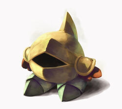 armor gloves green_footwear helm helmet highres kirby_(series) nintendo no_humans pauldrons red_gloves sabaton shadow shoulder_armor sir_kibble solo standing suyasuyabi white_background