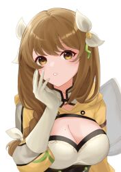 1girl blush braid braided_ponytail breasts brown_eyes brown_hair cleavage corset ell_0314 fire_emblem fire_emblem_engage gloves goldmary_(fire_emblem) hair_ribbon highres large_breasts long_hair looking_at_viewer mole mole_on_breast nintendo parted_lips ponytail ribbon simple_background single_shoulder_pad solo teeth upper_body white_background white_gloves white_ribbon yellow_eyes