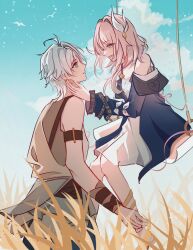 1boy 1girl absurdres blue_eyes blue_sky breasts chinese_commentary coat commentary_request cyrene_(honkai:_star_rail) dress grey_shirt hair_ornament highres honkai:_star_rail honkai_(series) ling369949 looking_at_another on_swing outdoors phainon_(honkai:_star_rail) pink_hair purple_coat shirt sky small_breasts smile swing wheat wheat_field white_dress white_hair