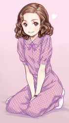 1girl back_to_the_future brown_eyes brown_hair dress female_focus focke_wulf full_body heart highres looking_at_viewer lorraine_baines purple_background purple_dress simple_background socks solo wavy_hair