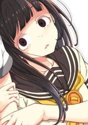 1girl 1other @_@ arm_hug black_hair blunt_bangs blush brown_eyes brown_sailor_collar brown_serafuku commentary_request highres long_hair make_heroine_ga_oo_sugiru! mono9ron neckerchief nukumizu_kaju parted_lips sailor_collar sanpaku school_uniform serafuku solo_focus upper_body wide-eyed yellow_neckerchief