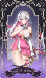 Rule 34 | 1girl, absurdres, asymmetrical gloves, bare shoulders, blush, bow (weapon), breasts, chinese commentary, cleavage, closed mouth, collarbone, colored inner hair, commentary request, cowboy shot, dress, elbow gloves, gloves, grey hair, hair between eyes, hair intakes, hair ornament, highres, holding, holding bow (weapon), holding weapon, jewelry, ji chenxing, kai si (hscn5578), large breasts, leotard, long hair, looking at viewer, magical girl, multicolored hair, official alternate costume, pink dress, pink hair, purple eyes, revealing clothes, sidelocks, single elbow glove, smile, snowbreak: containment zone, solo, standing, strapless, strapless dress, strapless leotard, thighlet, two-tone hair, weapon, white gloves, white leotard