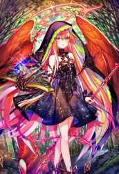1girl :d age_of_ishtaria azrael_(age_of_ishtaria) bird black_dress black_veil blush book chain dress feathered_wings halo highres holding holding_book holding_sickle kama_(weapon) looking_at_viewer munlu_(wolupus) open_book open_mouth orange_eyes red_hair red_halo red_wings sickle sleeveless sleeveless_dress smile solo tree veil weapon wings