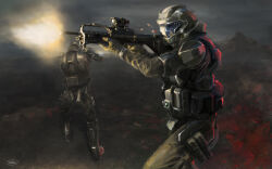 2boys assault_rifle battle_rifle br55 brinjal bullpup firing grey_background gun halo_(series) highres male_focus multiple_boys muzzle_flash odst rifle scope space_marine weapon