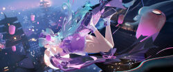 1girl absurdres aqua_hair architecture chinese_commentary commentary_request dated detached_sleeves east_asian_architecture frilled_hairband frilled_kimono frilled_sleeves frills genshin_impact hairband highres japanese_clothes kimono lantern long_hair night okobo outdoors paper_lantern platform_sandals purple_kimono purple_sleeves ribao sandals short_kimono signature socks solo tabi white_socks yumemizuki_mizuki