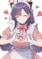 Rule 34 | 1girl, absurdres, alternate costume, black choker, black wings, blue archive, choker, feathered wings, halo, heart, highres, himmel gewalt, ichika (blue archive), low wings, maid, red halo, solo, upper body, white background, wings