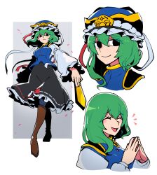 Rule 34 | 1girl, asymmetrical hair, black eyes, black skirt, blue vest, boots, bow, breasts, buttons, closed eyes, cropped shoulders, cropped torso, epaulettes, expressionless, frilled hat, frilled skirt, frills, full body, green hair, hair between eyes, hat, high heels, highres, iganashi1, knee boots, long skirt, long sleeves, looking at viewer, looking down, looking to the side, medium breasts, multiple views, no pupils, open mouth, portrait, profile, red bow, ribbon-trimmed skirt, ribbon trim, rod of remorse, shiki eiki, shirt, short hair, simple background, skirt, sleeve bow, smile, standing, touhou, upper body, vest, white background, white bow, white shirt, wide sleeves