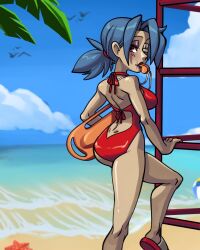 1girl alternate_costume ball beach beachball blue_hair blush dimples_of_venus eyepatch eyeshadow half-closed_eyes highres lifeguard lifeguard_chair lipstick long_hair looking_back makeup ocean one-piece_swimsuit ponytail purple_lips red_eyes scar scar_on_face scar_on_mouth shoes skullgirls solo starfish swimsuit torpedo_buoy valentine_(skullgirls) water whistle