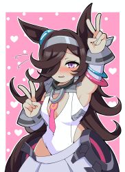1girl absurdres animal_ears black_hair blush bracelet commentary cosplay covered_navel cowboy_shot detached_sleeves double_v ear_ornament flying_sweatdrops grey_hairband grey_skirt grey_sleeves hair_over_one_eye hairband half-closed_eyes heart highres horse_ears horse_girl horse_tail jewelry ken725011186 leotard long_hair looking_at_viewer lowleg lowleg_skirt mihono_bourbon_(umamusume) mihono_bourbon_(umamusume)_(cosplay) necktie outline pink_background pink_necktie pleated_skirt purple_eyes rice_shower_(umamusume) rigging skirt sleeveless solo standing sweatdrop tail umamusume v white_leotard white_outline
