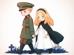 1boy 1girl blonde_hair blue_eyes boots chibi cloak commentary couple cross dress english_commentary german_commentary green_eyes hairband hat hetero holding_hands iron_cross long_hair military_uniform mixed-language_commentary original peaked_cap walking wehrmacht wintergewitter world_war_ii