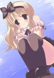 Rule 34 | 1girl, 2000s (style), :o, bad id, black bow, black hairband, black ribbon, black shoes, black skirt, black thighhighs, blonde hair, blue eyes, blush, bow, bow hairband, commentary request, hairband, kisaki yuu, kusugawa sasara, long hair, miniskirt, neck ribbon, open mouth, over-kneehighs, puffy short sleeves, puffy sleeves, ribbon, ribbon-trimmed sleeves, ribbon trim, shirt, shoes, short sleeves, skirt, solo, squatting, thighhighs, to heart (series), to heart 2, white shirt