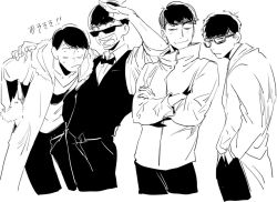 Rule 34 | 10s, 4boys, :&lt;, arm around shoulder, bad id, bad twitter id, bespectacled, black hair, bow, bowtie, brothers, constricted pupils, cosplay, crossed arms, denzou (50021106), durarara!!, fukuyama jun, glasses, greyscale, hands in pockets, heiwajima shizuo, heiwajima shizuo (cosplay), kadota kyouhei, kadota kyouhei (cosplay), kamiya hiroshi, kishitani shinra, kishitani shinra (cosplay), lab coat, male focus, matsuno choromatsu, matsuno ichimatsu, matsuno jyushimatsu, matsuno karamatsu, monochrome, multiple boys, nakamura yuuichi, ono daisuke, orihara izaya, orihara izaya (cosplay), osomatsu-kun, osomatsu-san, osomatsu (series), salute, siblings, simple background, sketch, sleeves rolled up, smile, sunglasses, swept bangs, voice actor connection, waiter, white background