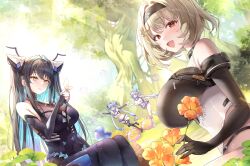 4girls absurdres antennae aqua_hair black_bodysuit black_gloves black_hair black_hairband black_thighhighs blonde_hair blue_hair bodysuit breasts bug butterfly cleavage closed_mouth colored_inner_hair day elf flower gloves goddess_of_victory:_nikke grass gretel_(nikke) hair_intakes hairband hansel_(nikke) highres holding holding_flower huge_breasts insect large_breasts little_mermaid_(nikke) long_hair looking_at_viewer misyune multicolored_hair multiple_girls open_mouth orange_flower outdoors pointy_ears purple_hair red_eyes red_shoes_(nikke) running sidelocks sitting skirt slime_(creature) smile thighhighs tree white_skirt yellow_eyes