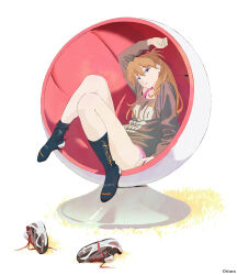 1girl arm_support bare_legs brown_hair casual expressionless full_body highres long_hair looking_at_viewer micro_shorts neon_genesis_evangelion official_art shoes shorts simple_background sitting sneakers socks solo souryuu_asuka_langley thighs tsundere two_side_up unworn_footwear wide_hips