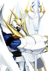 Rule 34 | 1boy, armor, bakeneko38, blue skin, claw (weapon), colored skin, digimon, digimon (creature), dragon, from side, highres, holding, holding sword, holding weapon, imperialdramon, imperialdramon paladin mode, red eyes, solo, sword, upper body, weapon, white armor, white wings, wings
