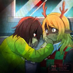 1girl 1other animal_ears antlers artist_name blonde_hair brown_hair checkered_clothes checkered_vest commentary covering_another&#039;s_mouth deer_antlers deer_ears deer_girl deltarune english_commentary furry furry_female green_sweater heart highres horns katarina_neko kris_(deltarune) long_hair long_sleeves noelle_holiday partially_shaded_face red_eyes short_hair spoilers striped_clothes striped_sweater sweat sweater trembling vest watermark window