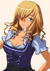 1girl absurdres blonde_hair blue_eyes breasts cleavage collarbone commentary commission drill_hair english_commentary haganeuma hair_over_one_eye highres large_breasts long_hair mouth_hold oriana_thomason paper_in_mouth parted_bangs portrait short_sleeves simple_background smile solo toaru_majutsu_no_index upper_body white_background