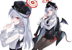 1girl absurdres black_jacket black_necktie black_pantyhose black_skirt black_wings blue_archive braid demon_tail demon_wings grey_hair halo haruna_(blue_archive) high-waist_skirt highres jacket long_hair looking_at_viewer meng_ziya multiple_views necktie pantyhose red_eyes red_halo shirt side_braid skirt tail white_shirt wings