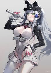 1girl absurdres aqua_hair baseball_cap baton_(weapon) black_shrug bodysuit breasts cleavage girls&#039;_frontline girls&#039;_frontline_2:_exilium green_eyes hand_on_own_hip hand_up hat highres hk416_(girls&#039;_frontline) holding_baton_(weapon) irikawa klukai_(girls&#039;_frontline_2) klukai_(speed_star)_(girls&#039;_frontline_2) long_hair official_alternate_costume ponytail shrug_(clothing) smile tattoo teardrop teardrop_facial_mark teardrop_tattoo weapon white_bodysuit