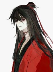 Rule 34 | 1boy, bags under eyes, bandaged neck, bandages, black hair, black hanfu, blood, blood on neck, bloody bandages, budezui, chinese clothes, chinese commentary, closed mouth, coat, dao gui yi xian, grey background, hair between eyes, hair bun, hair ribbon, hanfu, highres, li huowang, long hair, looking at viewer, male focus, red coat, red eyes, red ribbon, ribbon, robe, simple background, single hair bun, solo, upper body, white background