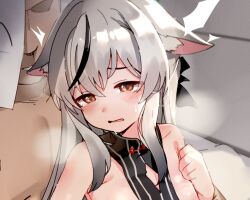 1boy 1girl animal_ears blue_archive blush brown_eyes china_dress chinese_clothes dress grey_hair kokona_(blue_archive) kure_(kure_ng) long_hair male_sensei_(blue_archive) sensei_(blue_archive) twitter