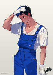 1715yorugohan 1boy absurdres alternate_costume arm_up black_eyes blue_hair blue_overalls closed_mouth collarbone commentary dated earrings english_commentary gloves hand_on_own_head highres holding holding_wrench jewelry looking_to_the_side male_focus overalls pen piercing pocket shirt short_hair short_sleeves sideburns sideways_glance simple_background solo standing stud_earrings sweat t-shirt valorant very_sweaty white_background white_gloves white_shirt wrench yoru_(valorant)