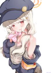 1girl @_@ aoba_(blue_archive) armband armpit_crease black_hat black_jacket blonde_hair blue_archive blush bow_camisole newsboy_cap camisole commentary_request fluffy_hair furrowed_brow grey_shirt halo hat highres hot jacket loli long_hair long_sleeves looking_at_viewer low_twintails open_clothes open_jacket open_mouth orange_halo pink_camisole red_eyes sakurano_rocco shirt simple_background single_bare_shoulder solo sweat twintails upper_body wavy_mouth white_background wiping_face wiping_sweat yellow_armband