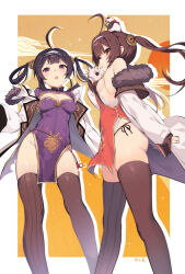 2girls absurdres ahoge animal animal_on_head azur_lane bare_shoulders black_hair breasts brown_hair brown_thighhighs china_dress chinese_clothes cleavage cleavage_cutout clothing_cutout commentary_request dress food fur-trimmed_jacket fur_trim hair_ribbon hairband highres holding holding_food jacket large_breasts long_hair looking_at_viewer multiple_girls ning_hai_(azur_lane) on_head open_clothes open_jacket open_mouth panda panties pelvic_curtain ping_hai_(azur_lane) purple_dress red_dress red_eyes ribbon side-tie_panties sideboob signature small_breasts steamed_bun thighhighs underwear white_jacket youguo_naberu