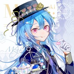 1boy :q arknights black_hat black_jacket blue_hair blush chinese_commentary closed_mouth commentary_request dot_nose earrings food glint gloves hair_between_eyes hair_ornament hairclip hat hat_ornament hat_ribbon highres holding holding_food jacket jewelry lapels long_hair long_sleeves male_focus mizuki_(arknights) pin_ru_de_sanjiao_hanshu pink_eyes purple_ribbon ribbon smile solo teapot tongue tongue_out two-tone_ribbon upper_body white_gloves yellow_ribbon