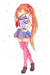1girl :t blush female_focus hair_ornament long_hair matching_hair/eyes orange_eyes orange_hair osana_najimi_(yandere_simulator) pout school_uniform serafuku shoes skirt solo thighhighs tsundere twintails upset very_long_hair yandere_simulator