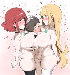 1boy 2girls ass bare_shoulders bikini bikini_top_only black_bikini black_hair blonde_hair blush breasts chest_jewel cleavage fried_bocky girl_sandwich grabbing_another&#039;s_breast groping highres implied_sex large_breasts long_hair multiple_girls mythra_(xenoblade) nude pyra_(xenoblade) red_eyes red_hair rex_(xenoblade) sandwiched short_hair spiked_hair swept_bangs swimsuit thighhighs white_bikini xenoblade_chronicles_(series) xenoblade_chronicles_2 yellow_eyes