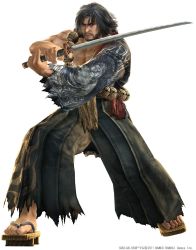 10s 1boy 2011 3d beads beard facial_hair geta grey_hair hakama hakama_pants highres japanese_clothes katana kimono long_hair male_focus mitsurugi_heishirou muscular old old_man pants prayer_beads rosary samurai sandals sash scar solo soul_calibur soulcalibur soulcalibur_v sword torn_clothes weapon white_background